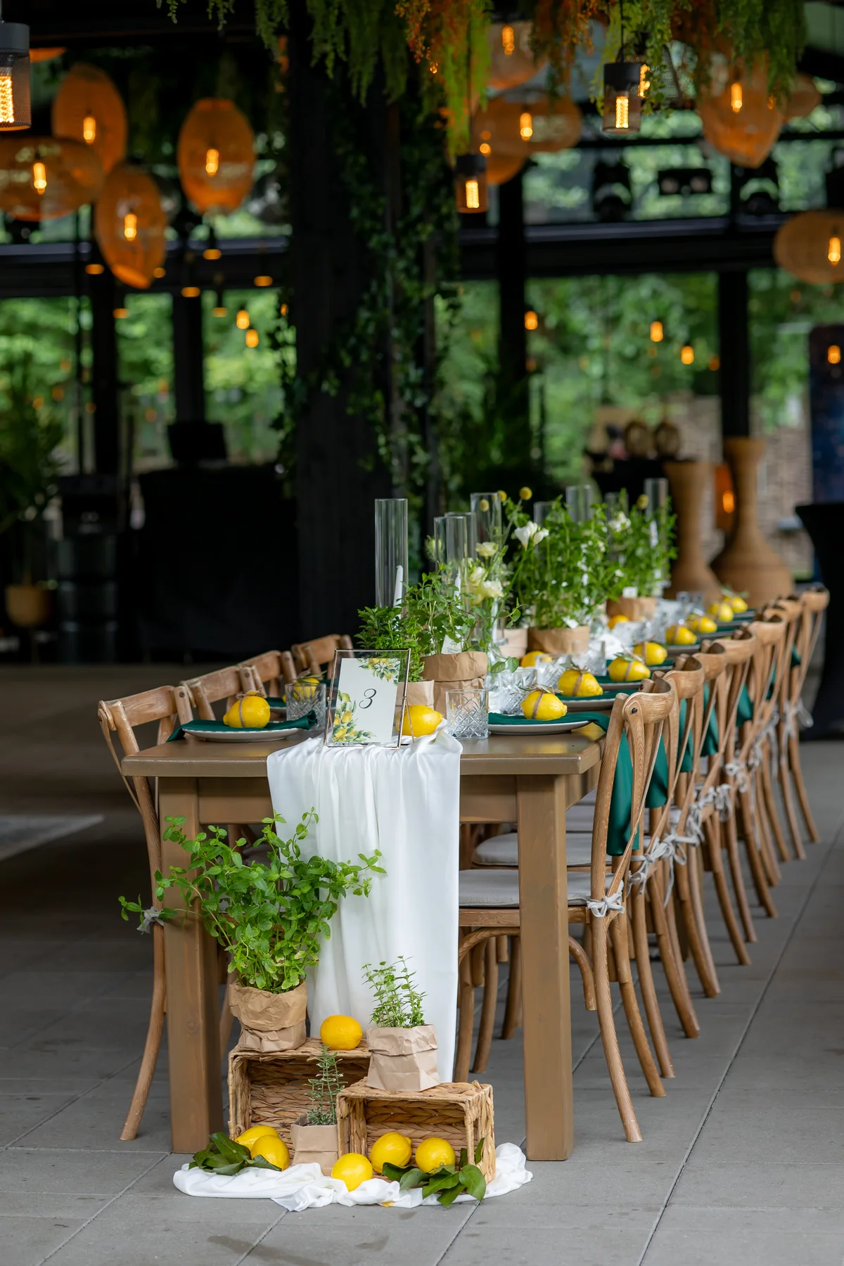 Masă lungă la Wild Garden cu traversă albă, lămâi, ierburi aromatice și lampioane din răchită — decor de eveniment în aer liber la Cluj-Napoca